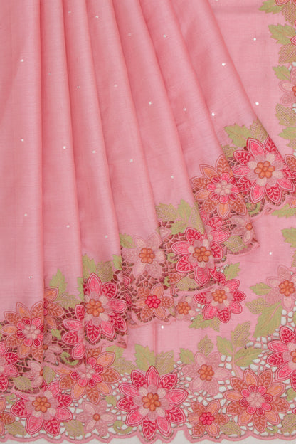 Tussar Butta Pink Saree With Scallop Border And Cutwork