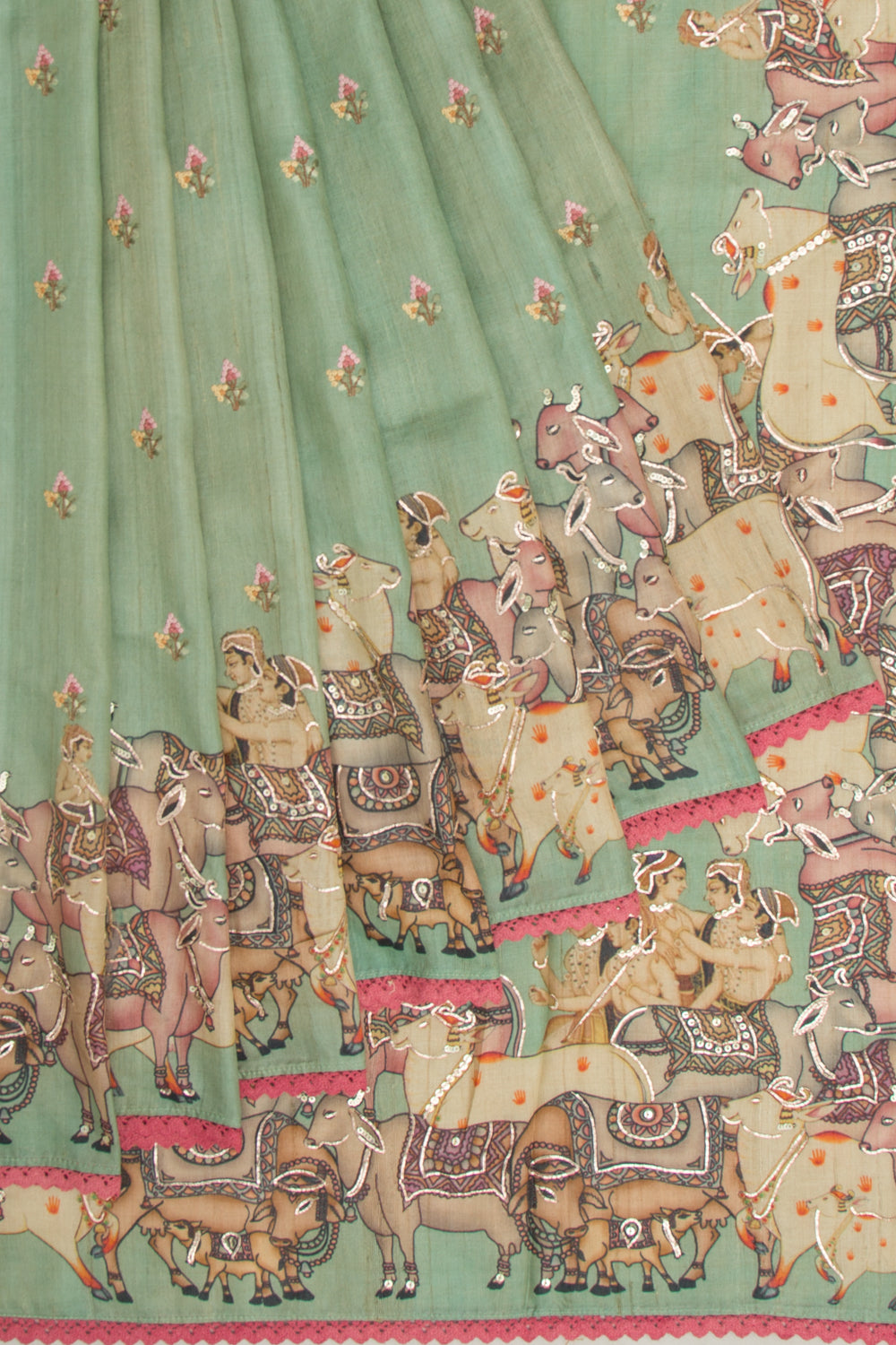 Tussar Pichwai Butta Green Saree