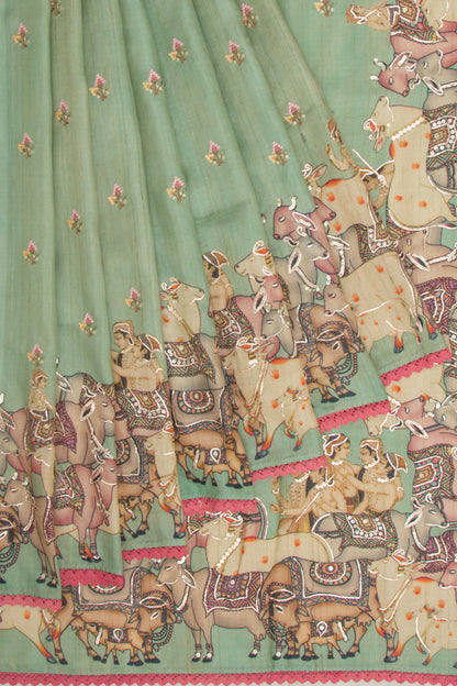 Tussar Pichwai Butta Green Saree