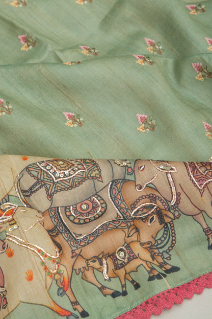 Tussar Pichwai Butta Green Saree