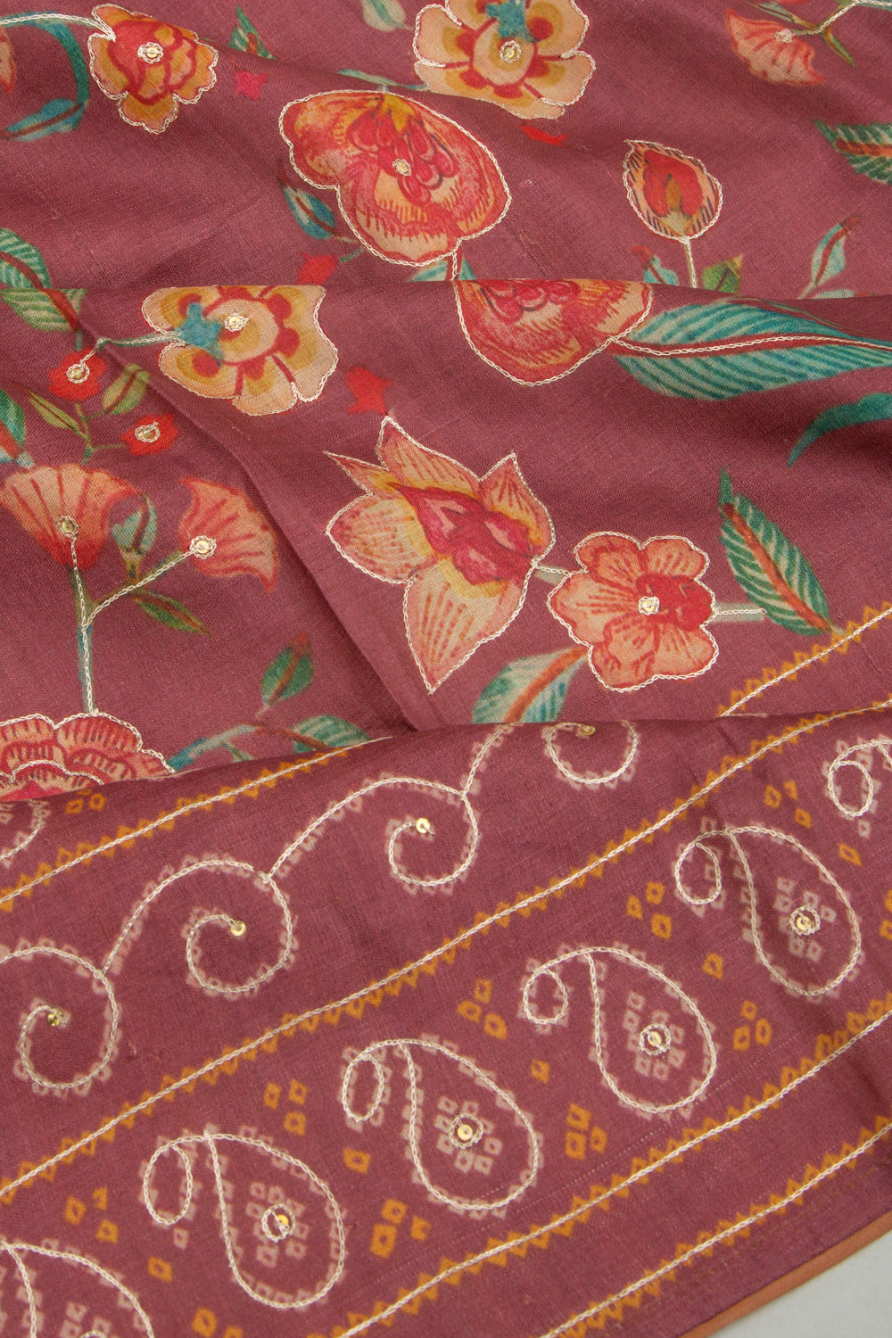 Tussar Floral Printed And Embroidery Burgundy Saree