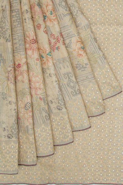 Tussar Floral Printed And Embroidery Cream Saree