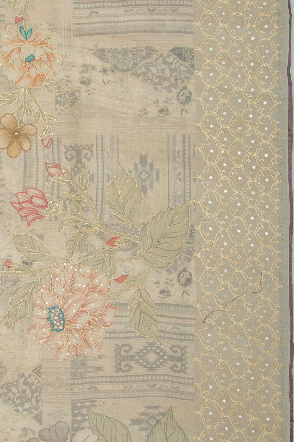 Tussar Floral Printed And Embroidery Cream Saree