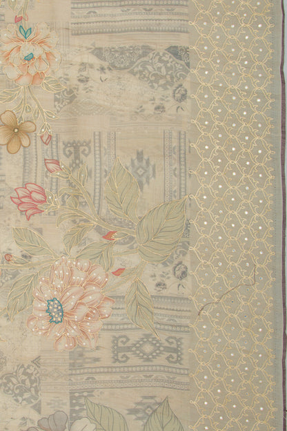 Tussar Floral Printed And Embroidery Cream Saree