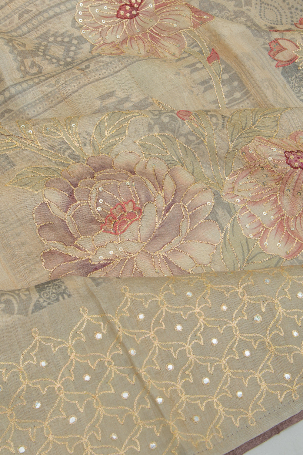 Tussar Floral Printed And Embroidery Cream Saree
