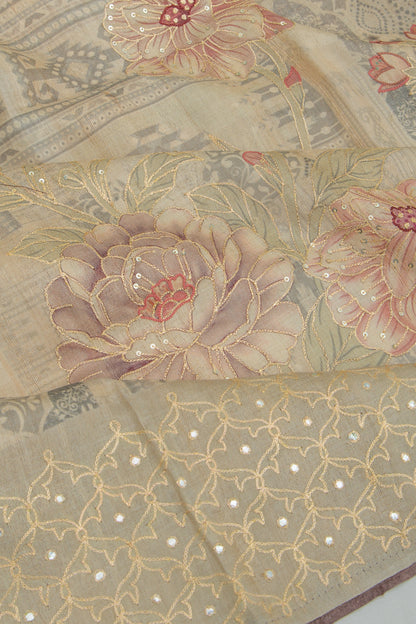 Tussar Floral Printed And Embroidery Cream Saree