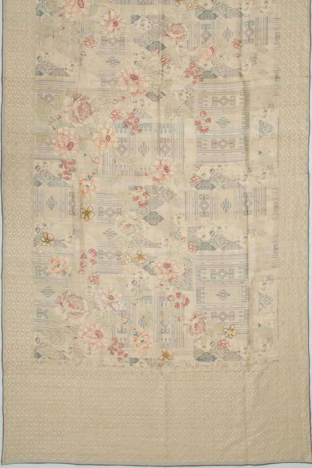 Tussar Floral Printed And Embroidery Cream Saree