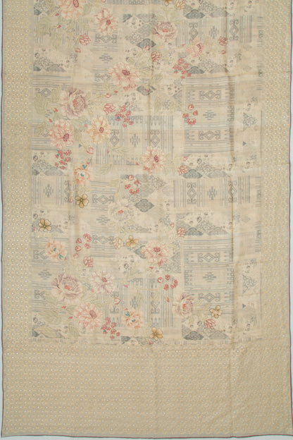 Tussar Floral Printed And Embroidery Cream Saree