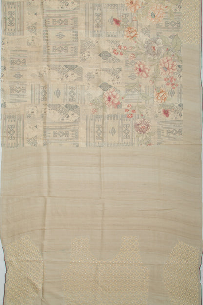 Tussar Floral Printed And Embroidery Cream Saree