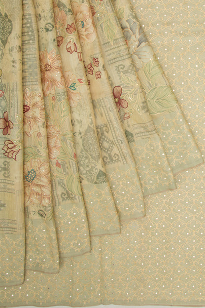 Tussar Floral Printed And Embroidery Pastel Green Saree