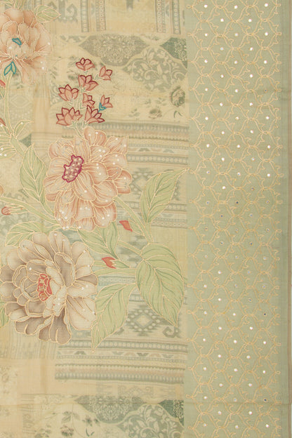 Tussar Floral Printed And Embroidery Pastel Green Saree