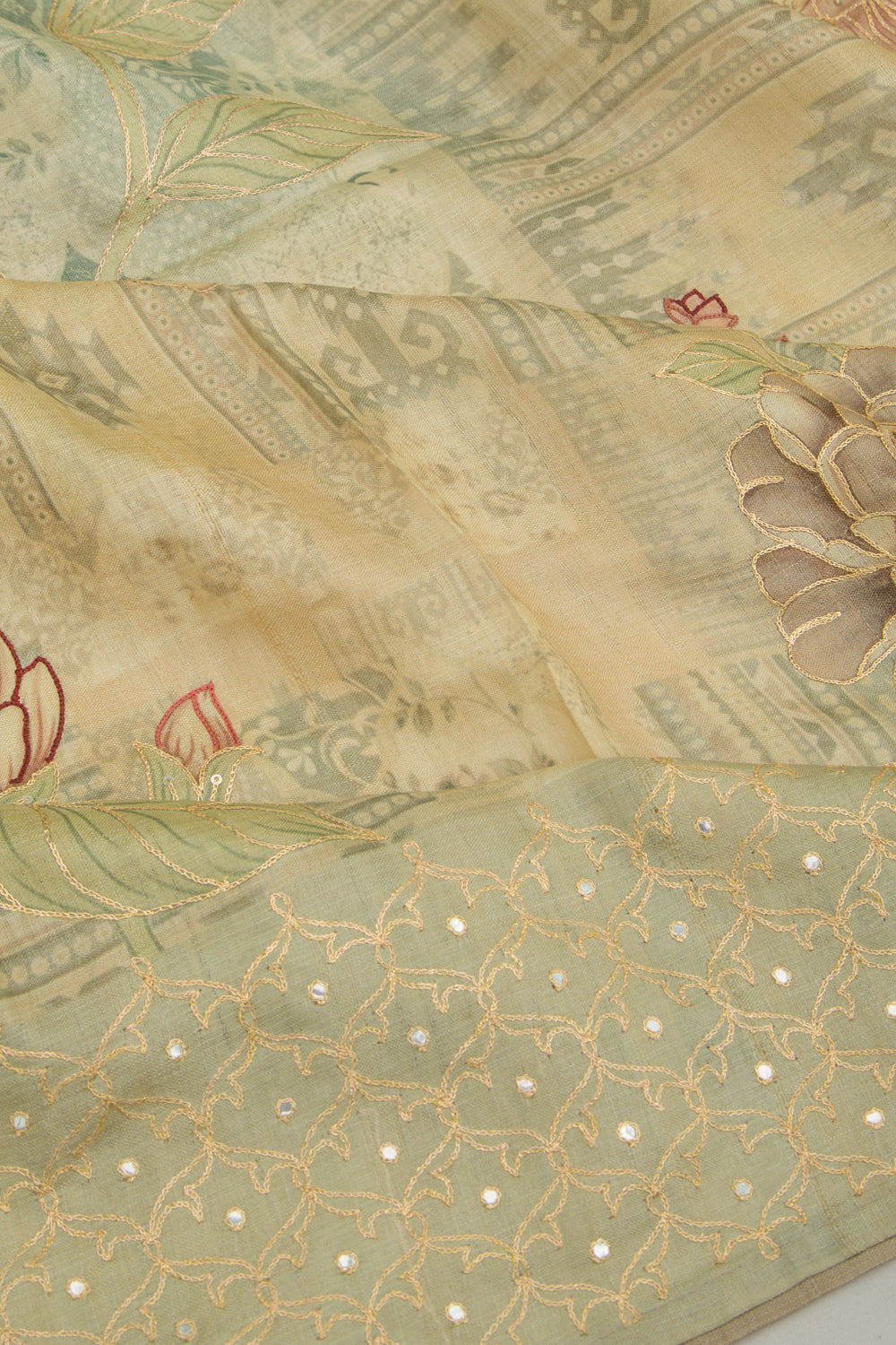 Tussar Floral Printed And Embroidery Pastel Green Saree