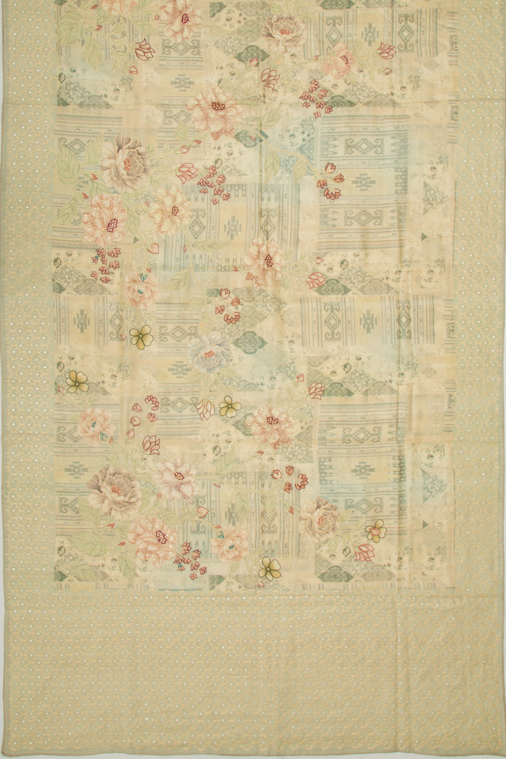 Tussar Floral Printed And Embroidery Pastel Green Saree