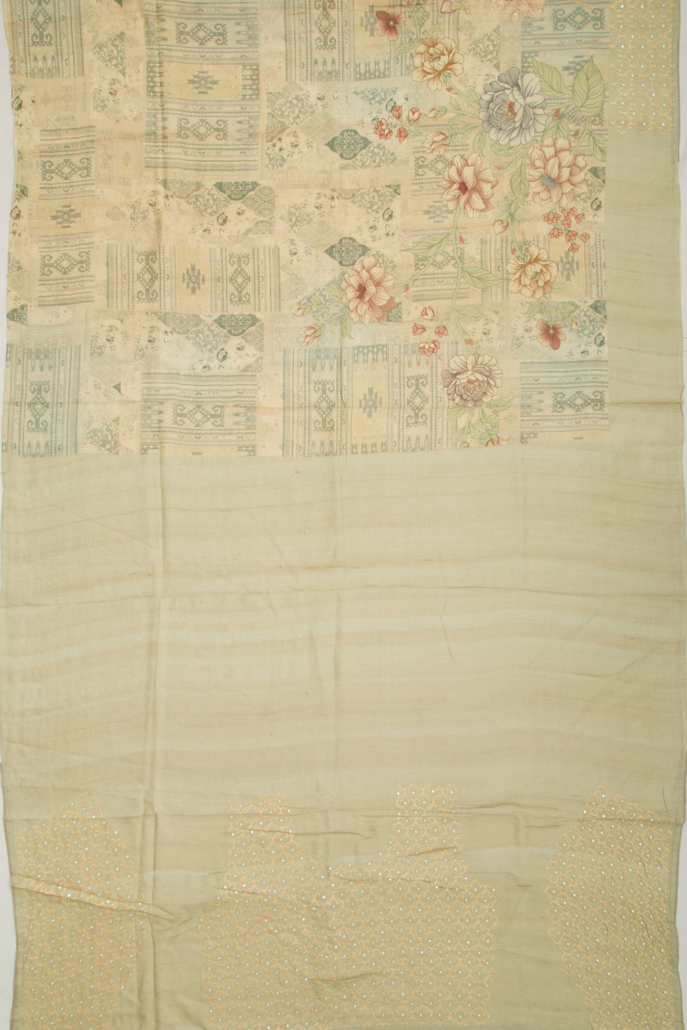 Tussar Floral Printed And Embroidery Pastel Green Saree