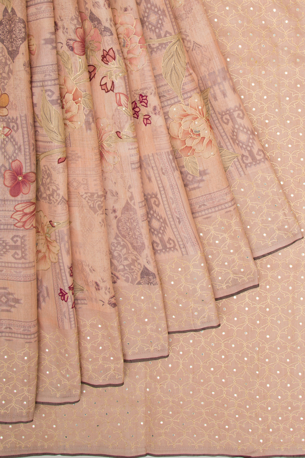 Tussar Floral Printed And Embroidery Peach Saree
