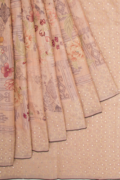 Tussar Floral Printed And Embroidery Peach Saree
