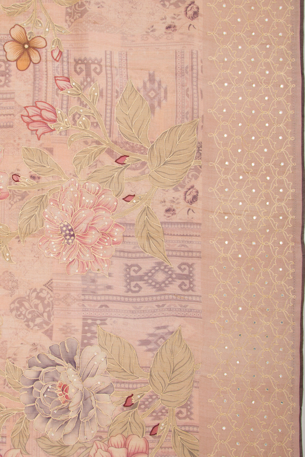 Tussar Floral Printed And Embroidery Peach Saree