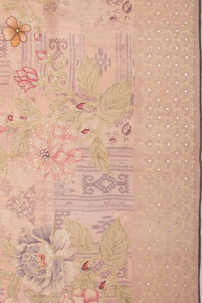 Tussar Floral Printed And Embroidery Peach Saree