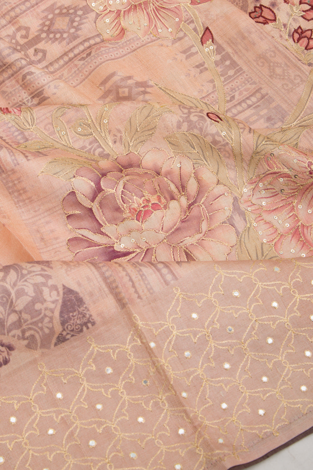 Tussar Floral Printed And Embroidery Peach Saree