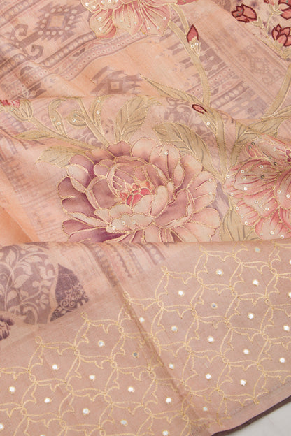 Tussar Floral Printed And Embroidery Peach Saree
