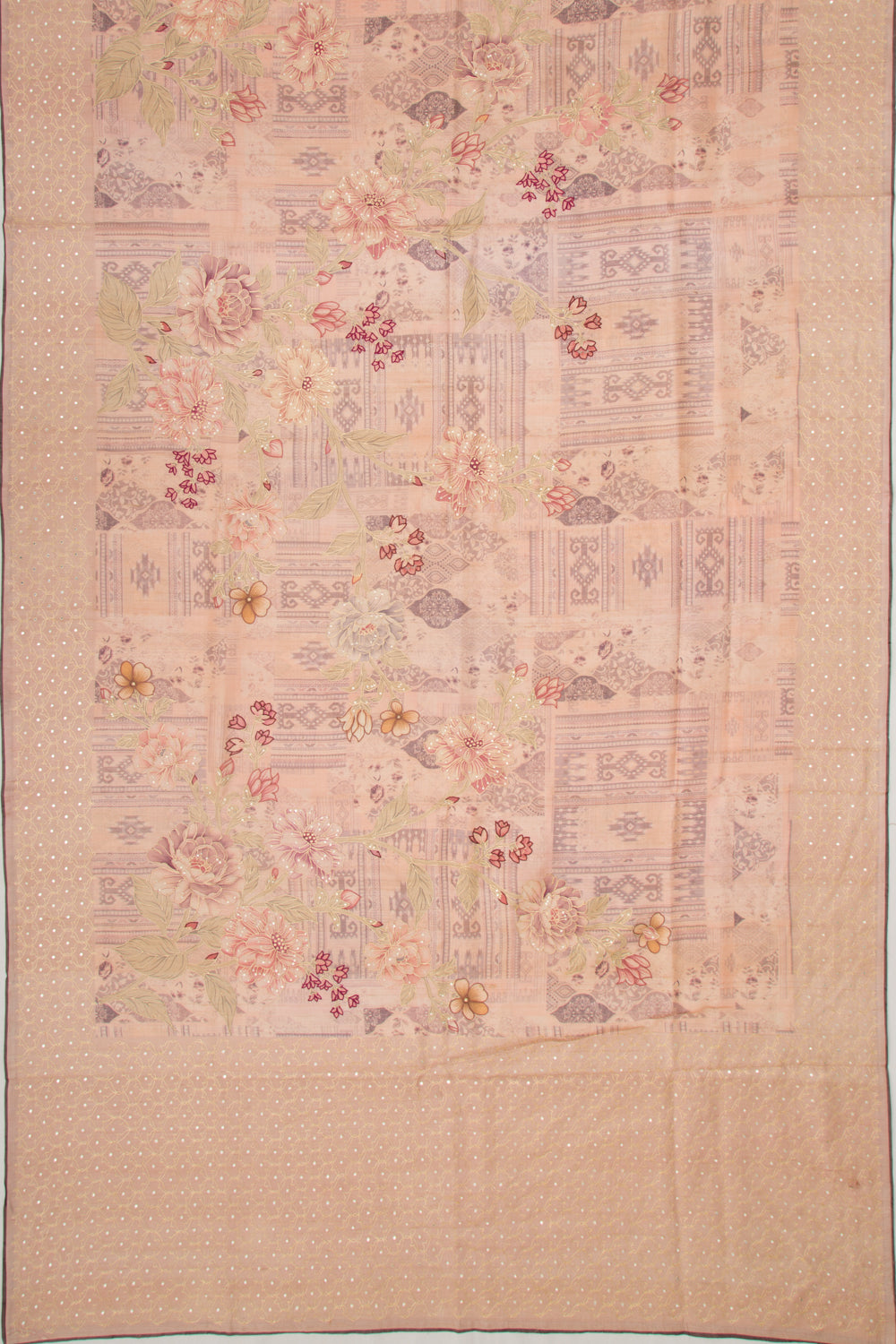 Tussar Floral Printed And Embroidery Peach Saree