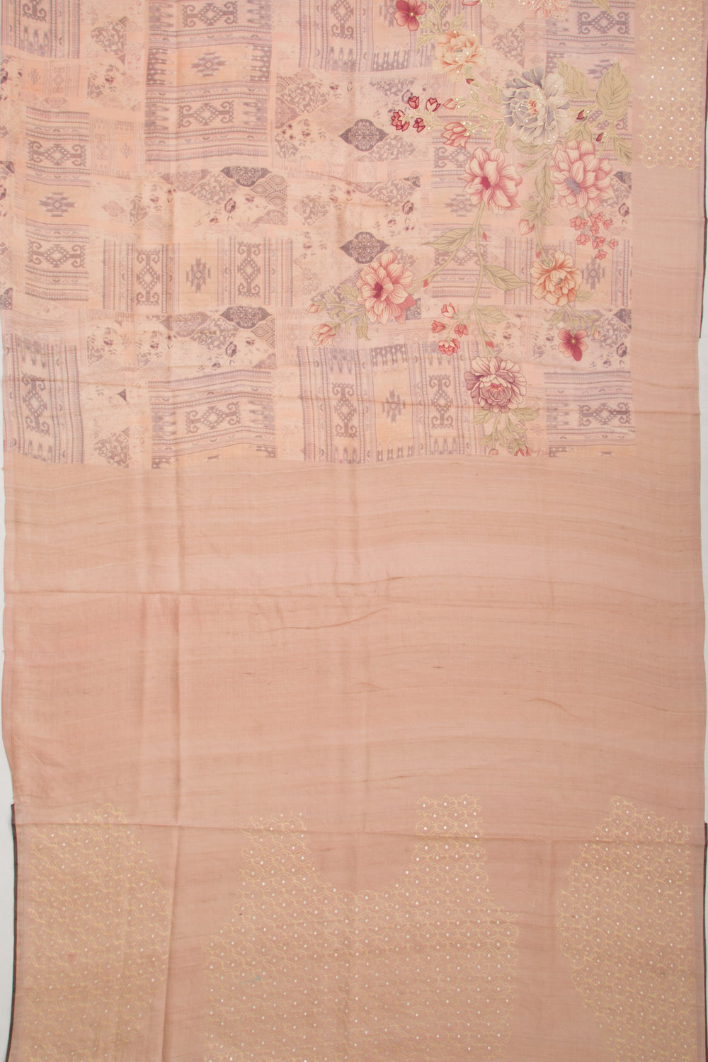 Tussar Floral Printed And Embroidery Peach Saree