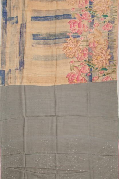 Tussar Printed And Embroidery Cream Saree