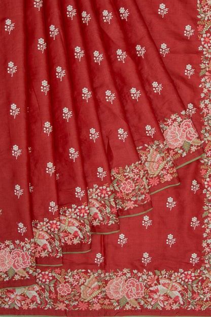 Tussar Embroidery Butta Red Saree