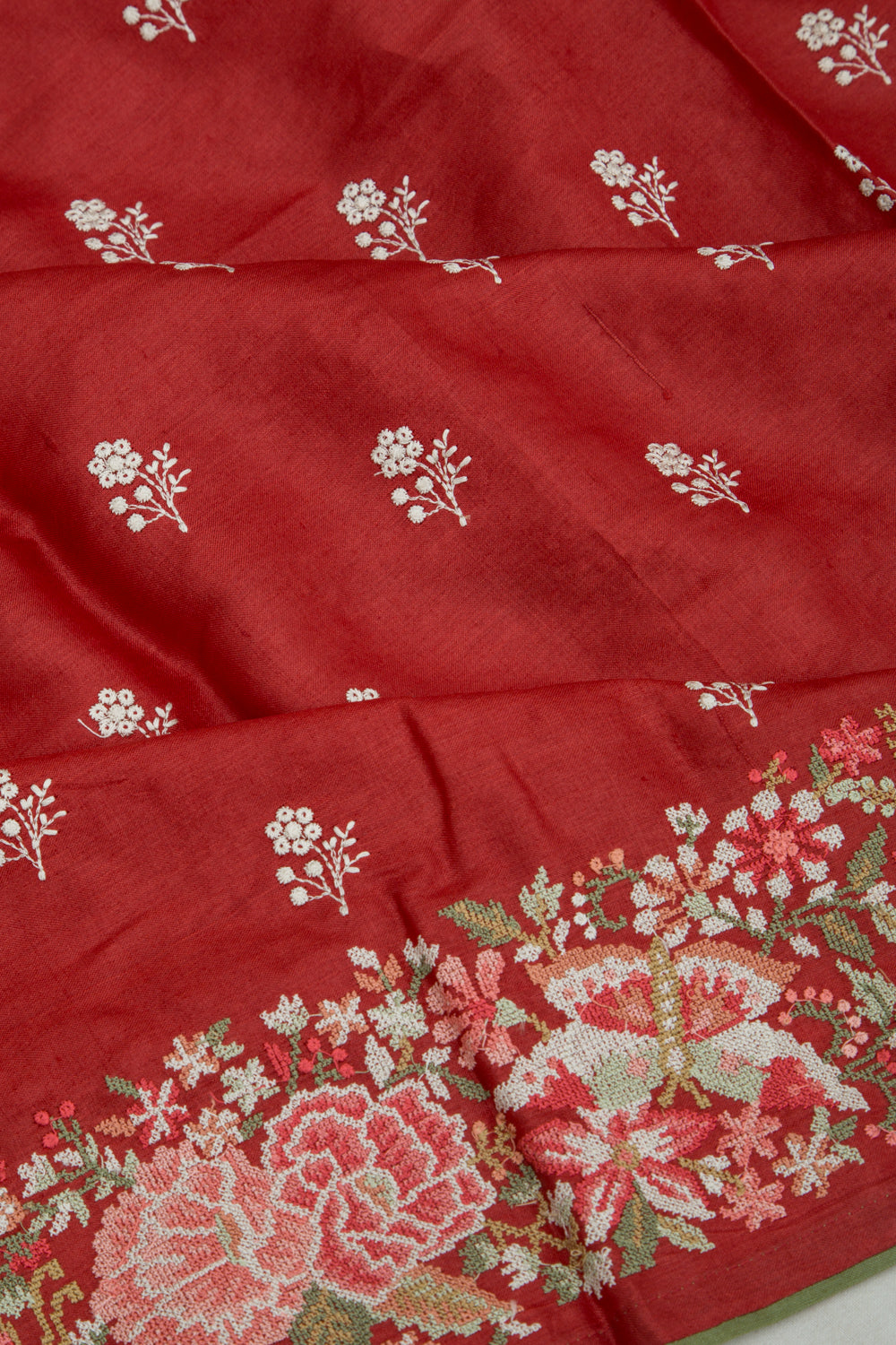 Tussar Embroidery Butta Red Saree