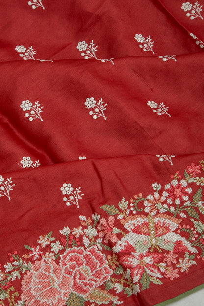 Tussar Embroidery Butta Red Saree