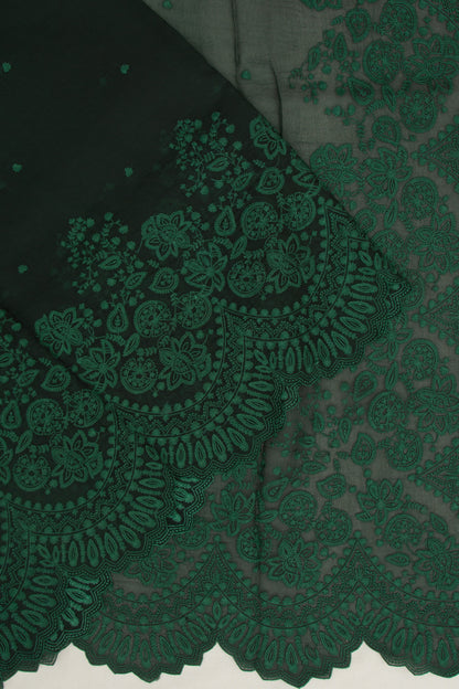 Organza Embroidery Butta Bottle Green Saree With Scallop Border