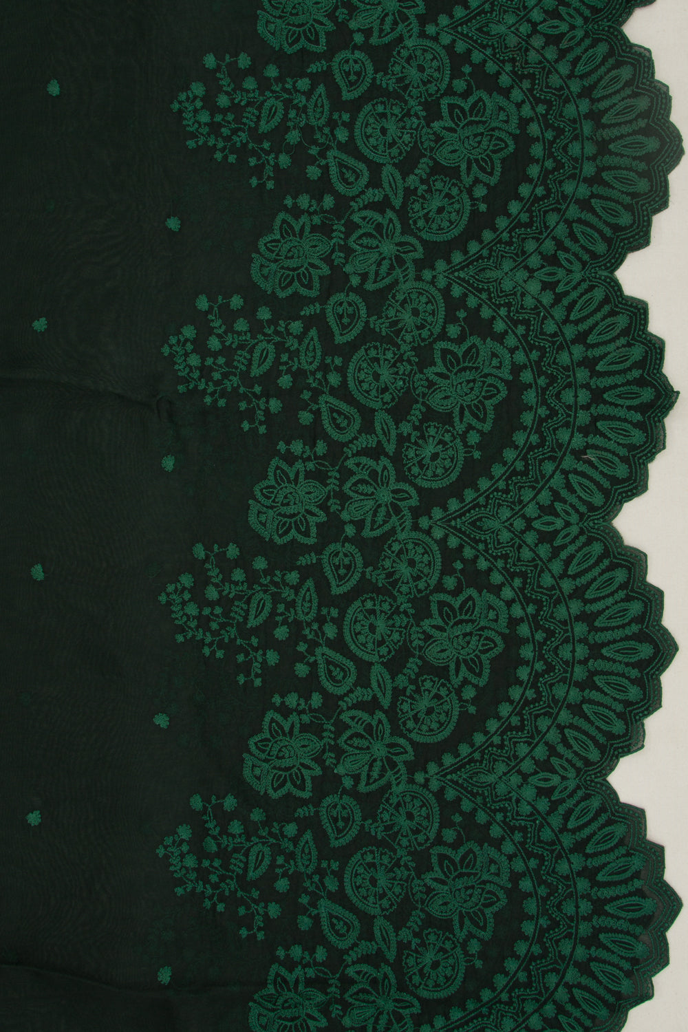 Organza Embroidery Butta Bottle Green Saree With Scallop Border