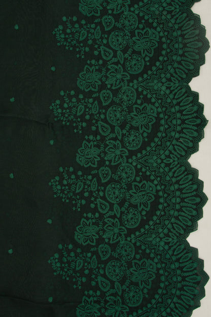 Organza Embroidery Butta Bottle Green Saree With Scallop Border