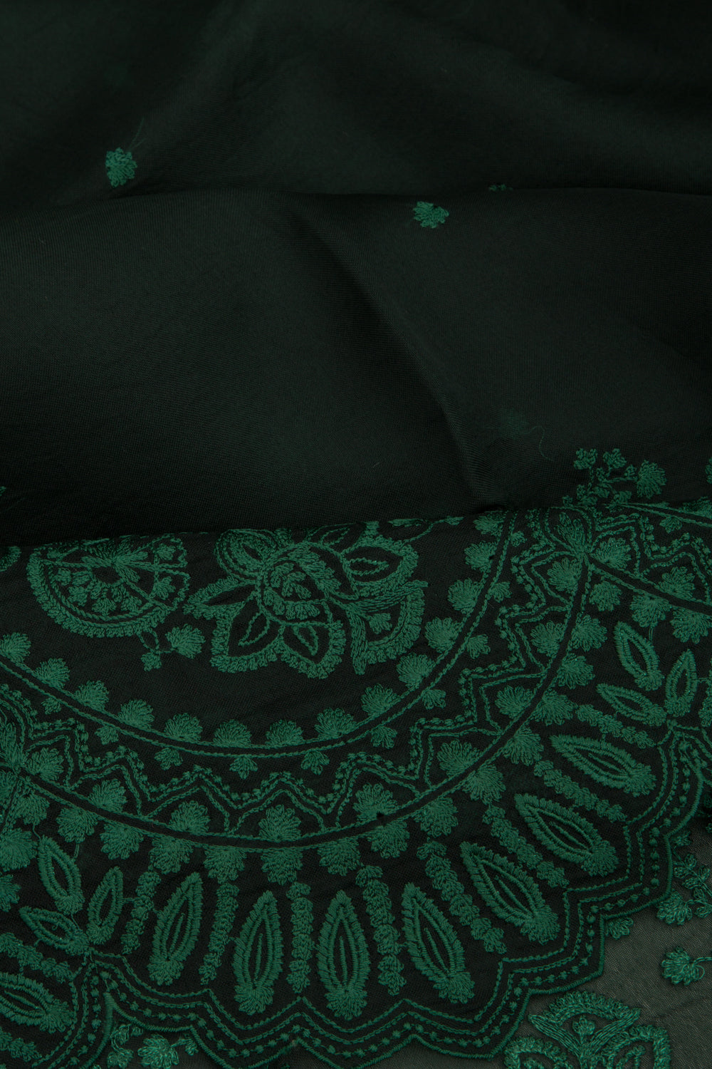 Organza Embroidery Butta Bottle Green Saree With Scallop Border