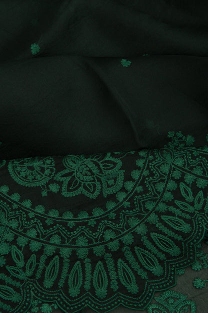 Organza Embroidery Butta Bottle Green Saree With Scallop Border