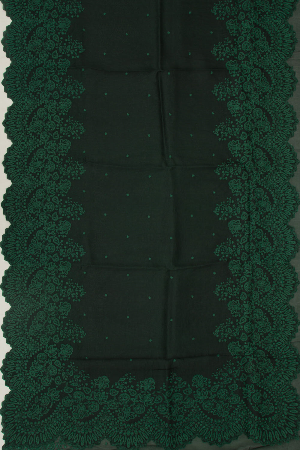 Organza Embroidery Butta Bottle Green Saree With Scallop Border