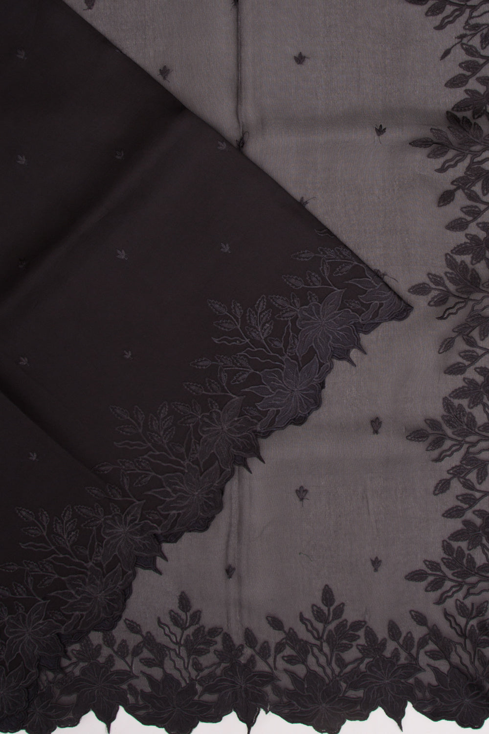 Organza Embroidery Butta Black Saree With Scallop Border