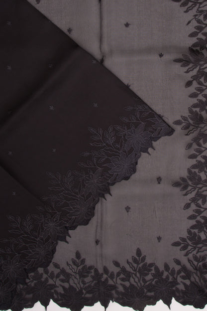 Organza Embroidery Butta Black Saree With Scallop Border