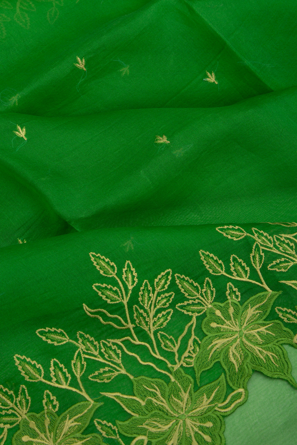 Organza Embroidery Butta Green Saree With Scallop Border