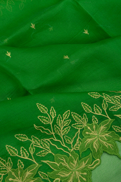 Organza Embroidery Butta Green Saree With Scallop Border