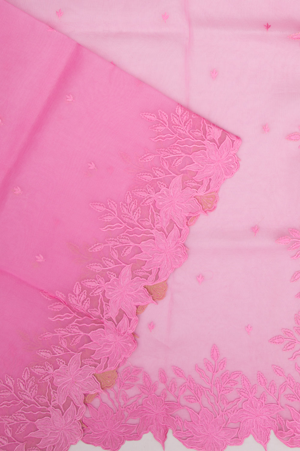 Organza Embroidery Butta Pink Saree With Scallop Border