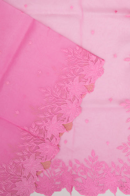 Organza Embroidery Butta Pink Saree With Scallop Border