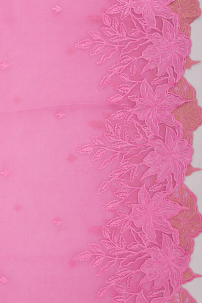 Organza Embroidery Butta Pink Saree With Scallop Border