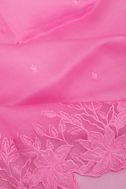Organza Embroidery Butta Pink Saree With Scallop Border