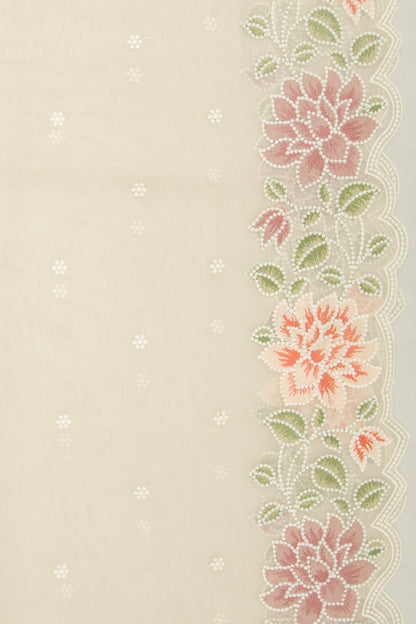 Organza Embroidery Butta Off-White Saree With Scallop Border