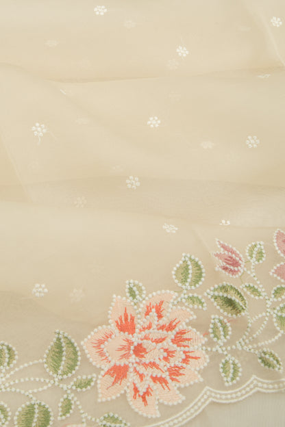 Organza Embroidery Butta Off-White Saree With Scallop Border