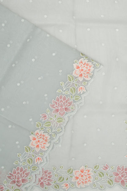 Organza Embroidery Butta Grey Saree With Scallop Border