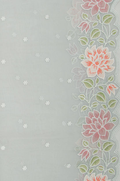 Organza Embroidery Butta Grey Saree With Scallop Border