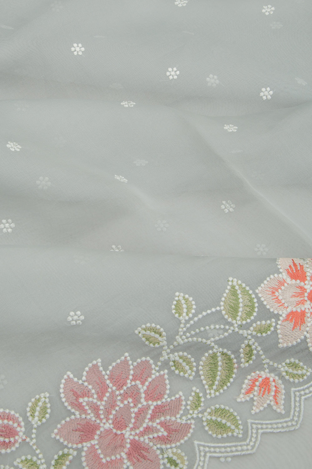 Organza Embroidery Butta Grey Saree With Scallop Border