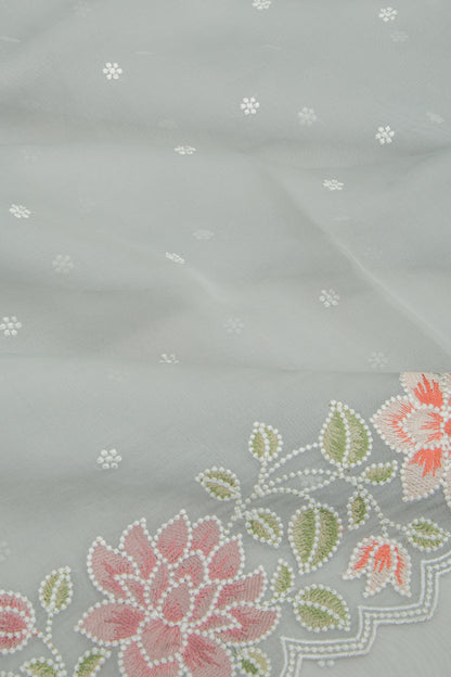 Organza Embroidery Butta Grey Saree With Scallop Border